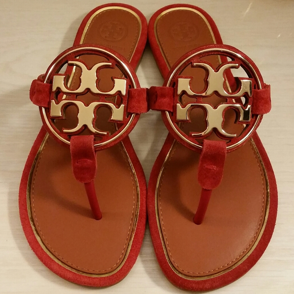 RARE New in Box Miller Sandals by Tory Burch in Red Apple and Gold